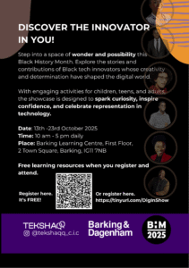 Back of flyer invitation to TEKSHAQQ’s event, the Black Digital Innovators’ Showcase for Black History Month 2025
