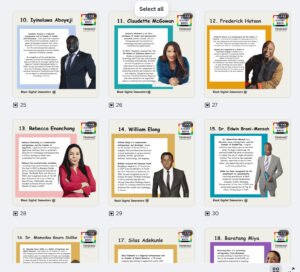 Screenshot showing a collage of pictures and profiles of Black digital innovators from around the world, from TEKSHAQQ’s Black History Month Instagram campaign in 2024.