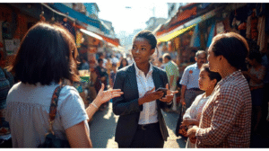 Woman interviewing people in a busy street market