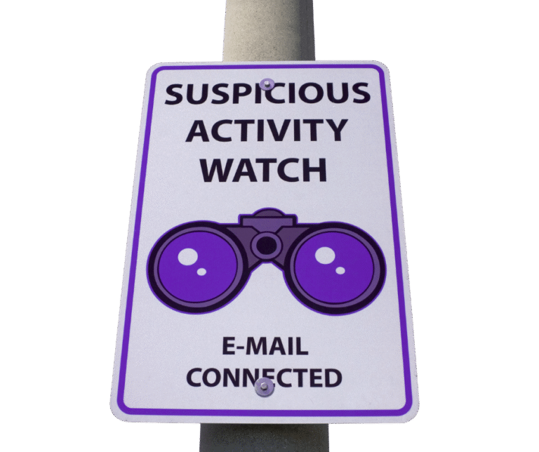 Sign-on-a-post-saying-suspicious-activity-watch-email-connected-with-binoculars