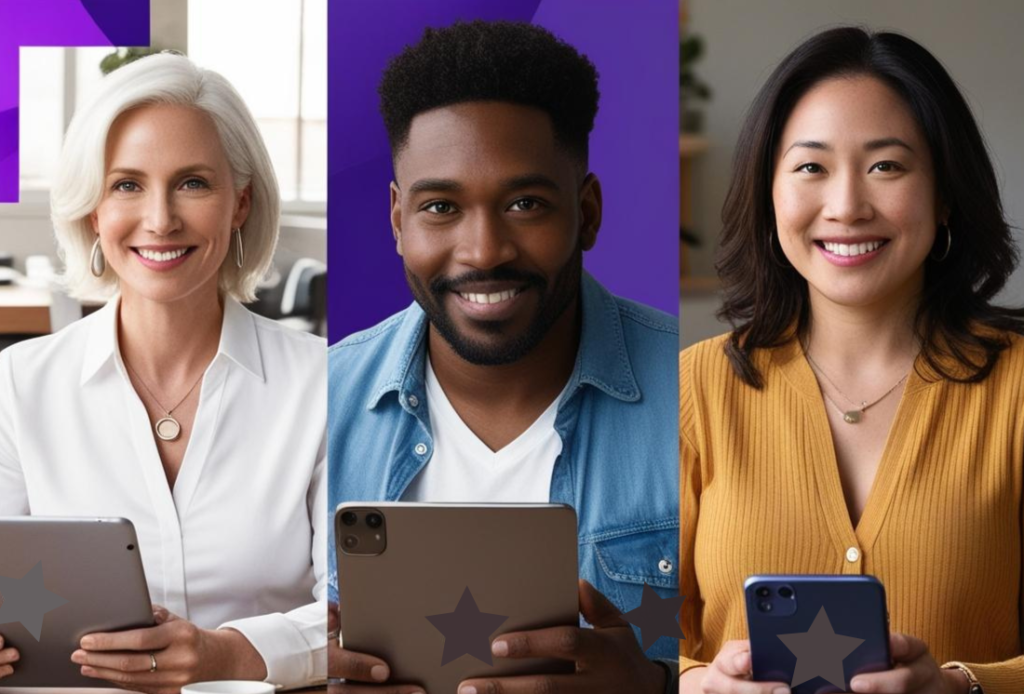 Three diverse professionals smiling and holding digital devices—two tablets and a smartphone—posed in a modern workspace setting