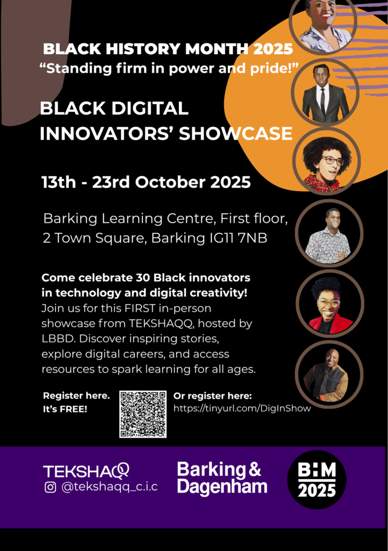 Front of flyer invitation to TEKSHAQQ’s event, the Black Digital Innovators’ Showcase for Black History Month 2025